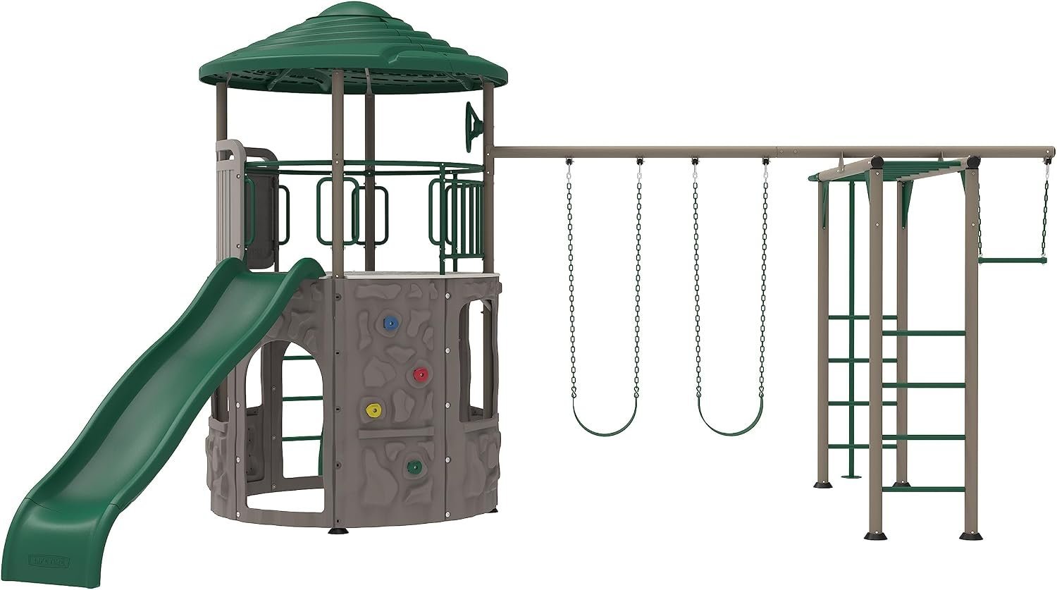 Lifetime Adventure Tower Deluxe Swing Set Playset Lifetime Adventure Tower, Covered Clubhouse, 9 ft Wavy Slide, Monkey Bars, Climbing Wall, Fireman’s Pole, Belt Swings & Trapeze