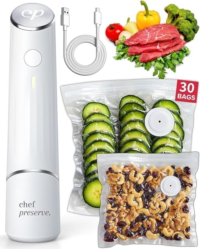 Chef Preserve Compact Vacuum Sealer for Food (Vacuum Sealer Machine + 30 Reusable Vacuum Bags) Powerful Handheld Vacuum Sealer Machine, Seal Meal Saver, Portable Food Sealer