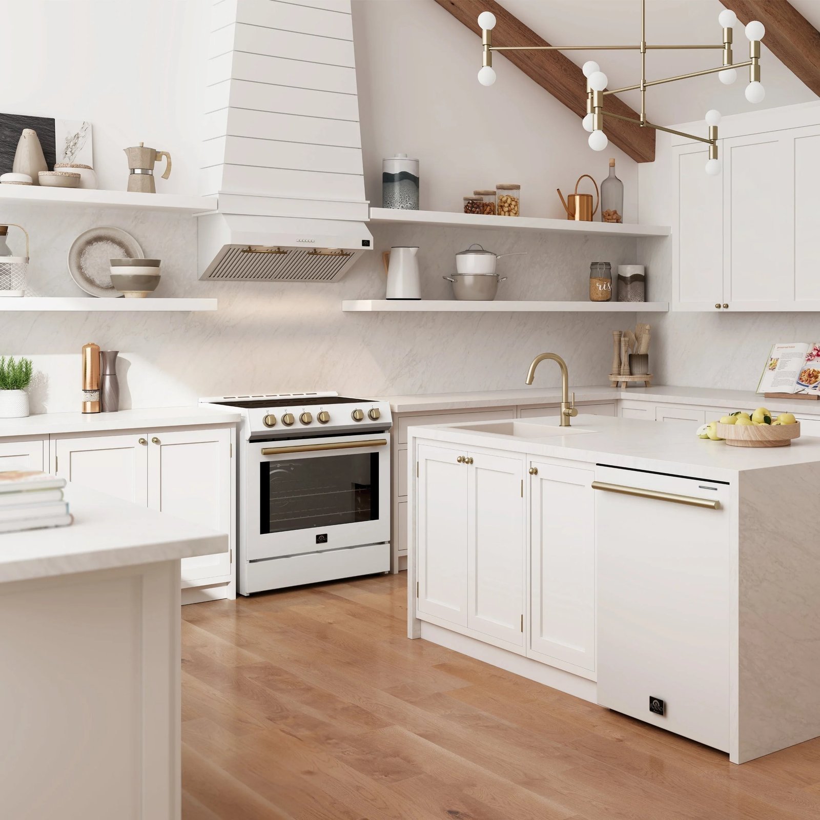 FORNO Pozzo 24-Inch Built-In Dishwasher, White with Antique Brass Handles (Model FDWBI8067-24WHT) - Image 4